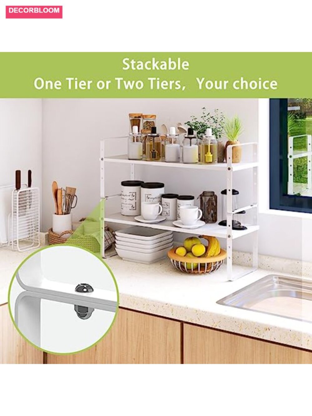Expandable Cabinet Shelf Organizer, Stackable Kitchen Counter Storage Rack, - Picture 5 of 6